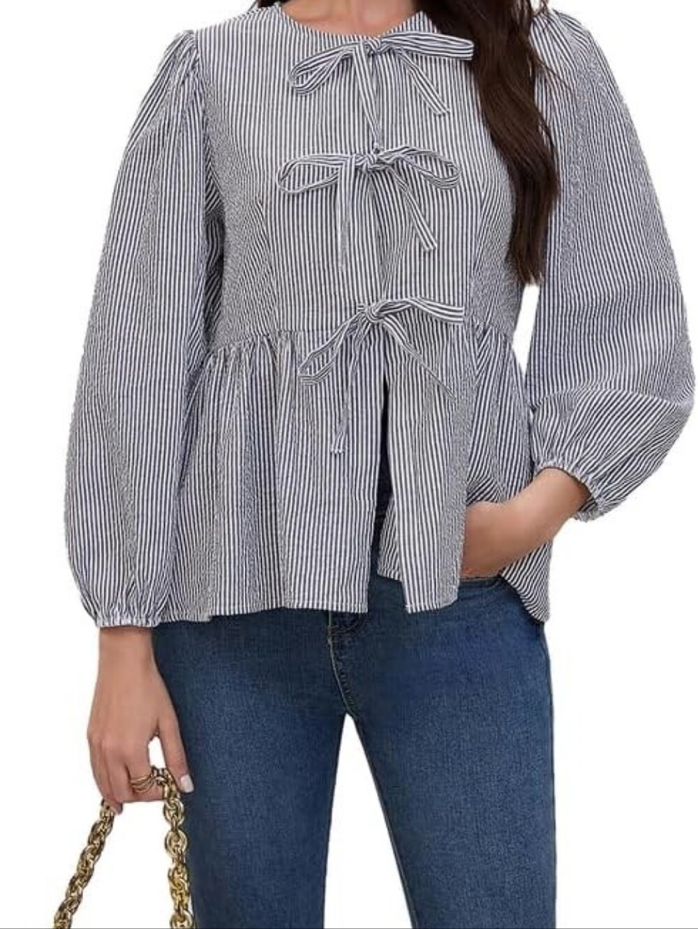 Striped Tie-Front Peplum Blouse - Black & White